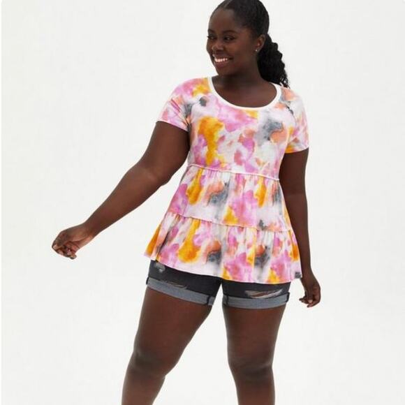 Torrid 0 L 12 Fit and Flare Tie Dye Tiered Top stretch Water Color - Picture 1 of 3